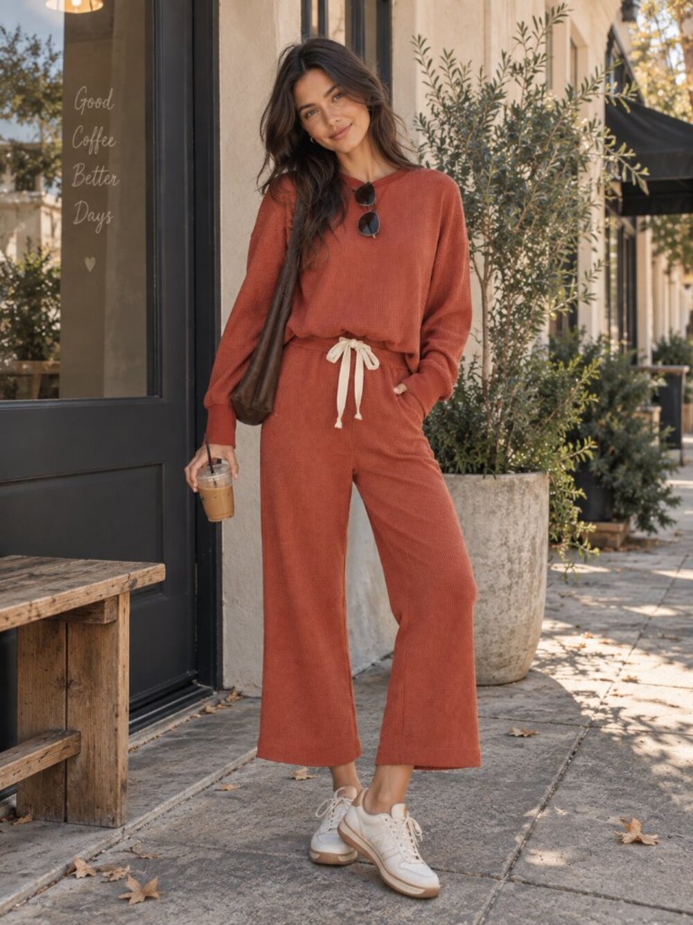 Charlie Holiday Rust Waffle Knit Sweatshirt Wide Leg Pants Lounge 2 Piece Set